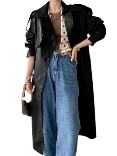 Onsoyours Ledermantel Damen Trenchcoat Herbst Elegant Mode Jacke Langer Mantel PU Leder Wintermantel Windjacke Übergangsmantel Einfarbig Revers Damenmantel B Schwarz L von Onsoyours