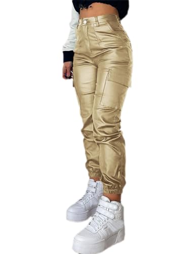 Onsoyours Legging PU Damen Mode Cargohose Schlanke Hose Mit Taschen Freizeithose Frauen Casual Elastische Stretch Elegante Hosen Streetwear A Gold S von Onsoyours