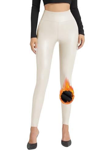 Onsoyours Leggings Damen Lederoptik Gefütterte High Waist Thermoleggins Mit Innenfleece Warm Teddy Lederhosen Skinny Pu Hosen Winter Elastische Kunstlederhose Shape Jeggings A Weiß M von Onsoyours