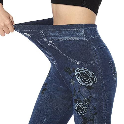 Onsoyours Leggings Damen Skinny Jeans-Look High Waist Jogginghose Stretch Blickdicht Bedruckte Jeggings Hose Pants Fitnesshose Yogahose Streetwear C Dunkelblau 01 L von Onsoyours