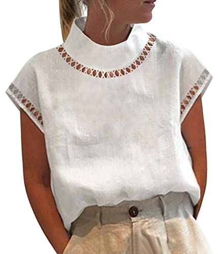 Onsoyours Leinen Bluse Damen Oversize Kurzarm Lose Leinenbluse V-Ausschnitt Knopf Einfarbig Blusen Hemd Shirt Sommer Oberteile Tunika Tops C Weiß 3XL von Onsoyours
