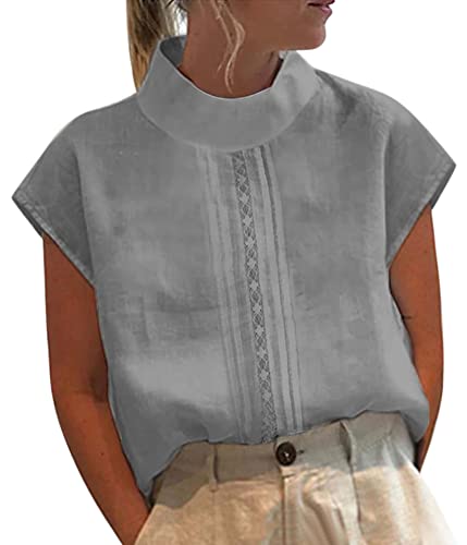 Onsoyours Leinen Bluse Damen Oversize Kurzarm Lose Leinenbluse V-Ausschnitt Knopf Einfarbig Blusen Hemd Shirt Sommer Shirt Oberteile Tunika Tops B Grau 3XL von Onsoyours