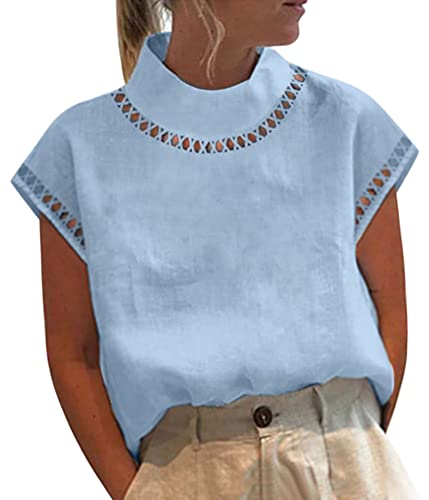 Onsoyours Leinen Bluse Damen Oversize Kurzarm Lose Leinenbluse V-Ausschnitt Knopf Einfarbig Blusen Hemd Shirt Sommer Shirt Oberteile Tunika Tops C Blau M von Onsoyours