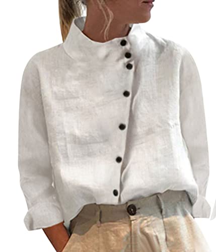 Onsoyours Leinen Bluse Damen Oversize Langarm Lose Leinenbluse V-Ausschnitt Knopf Einfarbig Blusen Hemd Shirt Oberteile Tunika Tops V Weiß XS von Onsoyours