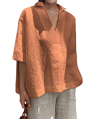 Onsoyours Leinen Bluse Damen Sommer Herbst Übergröße Einfarbig Tshirts 1/2 Ärmel Shirt Hemd Kurzarm Loose Tops V-Ausschnitt Oberteile Bluse B Orange 46 von Onsoyours