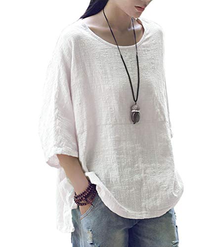 Onsoyours Leinen Bluse Damen Sommer Herbst Übergröße Locker Hemd Tshirts Langarm Loose Rundhals Oberteile Loose Top A Weiß 48 von Onsoyours
