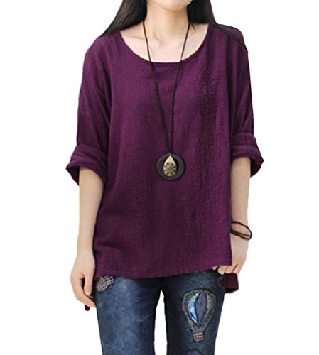 Onsoyours Leinen Bluse Damen Sommer Herbst Übergröße Locker Hemd Tshirts Langarm Loose Rundhals Oberteile Loose Top B Violett 46 von Onsoyours