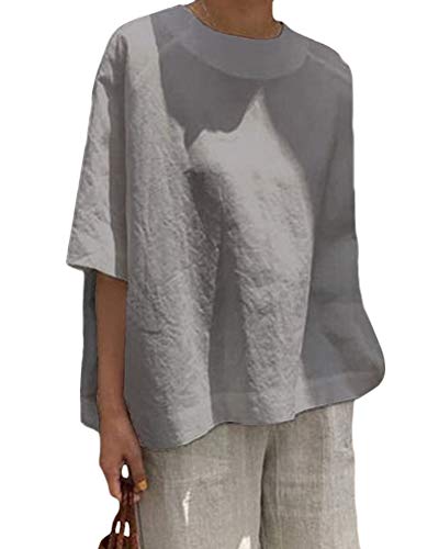 Onsoyours Leinen Bluse Damen Sommer Herbst Übergröße Print Tshirts Langarm & Kurzarm Loose Rundhals Oberteile A Grau 40 von Onsoyours