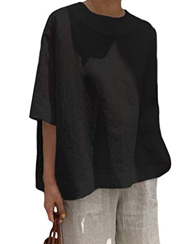 Onsoyours Leinen Bluse Damen Sommer Herbst Übergröße Print Tshirts Langarm & Kurzarm Loose Rundhals Oberteile A Schwarz 44 von Onsoyours