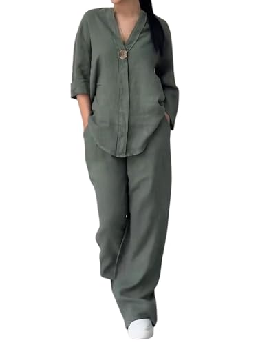 Onsoyours Leinen Outfits Damen Langarm Baumwolle Hosenanzug 2 Teiler Bluse Tshirt und Lange Hosen Freizeitanzug Casual Einfarbig Jogginganzug Leicht Atmungsaktiv Sportanzug B Armeegrün XXL von Onsoyours