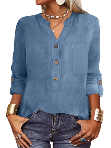 Onsoyours Leinenbluse Damen Bluse Elegant V-Ausschnitt Hemd Langarm Casual Arbeit Einfarbig Musselin Bluse Damen Button Down Lose Langarmshirt Oberteile Tops A Blau S von Onsoyours