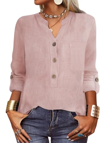 Onsoyours Leinenbluse Damen Bluse Elegant V-Ausschnitt Hemd Langarm Casual Arbeit Einfarbig Musselin Bluse Damen Button Down Lose Langarmshirt Oberteile Tops A Rosa XL von Onsoyours