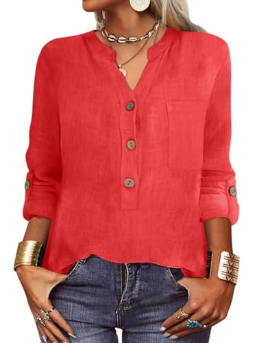 Onsoyours Leinenbluse Damen Bluse Elegant V-Ausschnitt Hemd Langarm Casual Arbeit Einfarbig Musselin Bluse Damen Button Down Lose Langarmshirt Oberteile Tops A Rot XL von Onsoyours