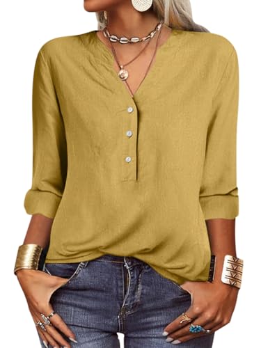 Onsoyours Leinenbluse Damen Musselin Bluse Damen Sommer Tunika V-Ausschnitt Große Größen Blusenshirt Damen Langarmshirt Leinen Baumwolle Hemd Oberteile für Damen A Gelb XL von Onsoyours