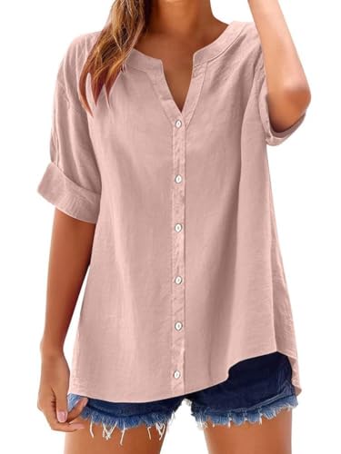 Onsoyours Leinenbluse Damen Sommer Kurzarm Leinenhemd Elegent Blusenshirt Blusentops A Rosa XL von Onsoyours