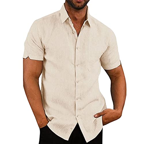 Onsoyours Leinenhemd Herren Kurzarm Einfarbig Sommerhemd Regular Fit Freizeithemd Businesshemd Leinenshirt Sommer Beige 4XLA von Onsoyours