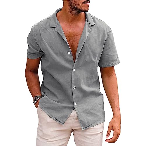 Onsoyours Leinenhemd Herren Kurzarm Einfarbig Sommerhemd Regular Fit Freizeithemd Businesshemd Leinenshirt Sommer E Grau 3XL von Onsoyours