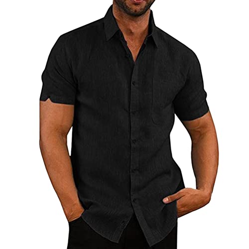 Onsoyours Leinenhemd Herren Kurzarm Einfarbig Sommerhemd Regular Fit Freizeithemd Businesshemd Leinenshirt Sommer Schwarz 3XL von Onsoyours