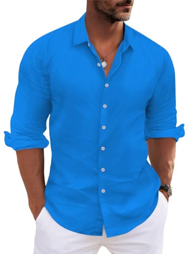 Onsoyours Leinenhemd Herren Langarm Sommerhemd Leinenshirt Freizeithemd Für Herren Businesshemd Sommer Strand Casual Regular Fit Shirt B Königsblau M von Onsoyours