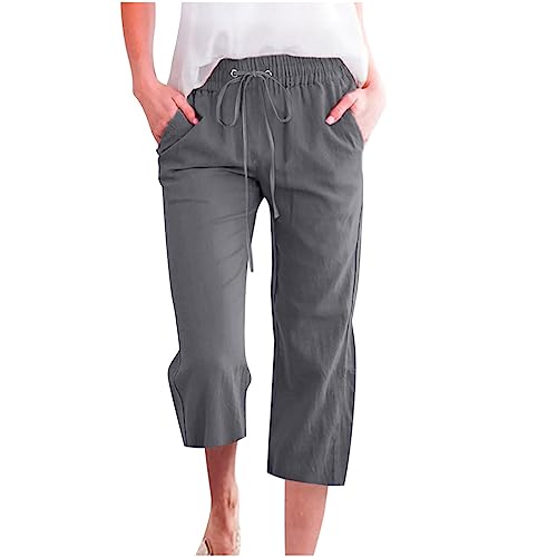 Onsoyours Leinenhose Damen Sommer Hose Damen Capri Stoffhose Sommerhose Leicht Straight Leg Einfarbig 7/8 Hosen Locker Strandhose Freizeithose Stoffhose mit Taschen Tunnelzug A Dunkelgrau L von Onsoyours