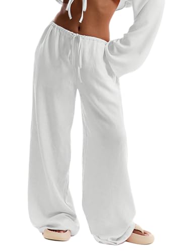 Onsoyours Leinenhose Damen Sommer Leichte Haremshose Casual Einfarbig Sommerhose Weite Hose Freizeithose A Weiß M von Onsoyours