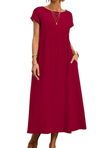 Onsoyours Leinenkleid Damen Rundhalsausschnitt Kurzarm Sommerkleid Damen Maxi Leinenkleider Baumwolle Leinen Blusenkleid Casual Freizeitkleid Strandkleider Kleid A Rot M von Onsoyours