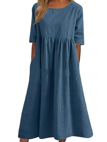 Onsoyours Leinenkleid Damen Rundhalsausschnitt Kurzarm Sommerkleid Damen Midi Leinenkleider Baumwolle Leinen Blusenkleid Casual Freizeitkleid Strandkleider Kleid A-Linie Kleid A Blau XXL von Onsoyours