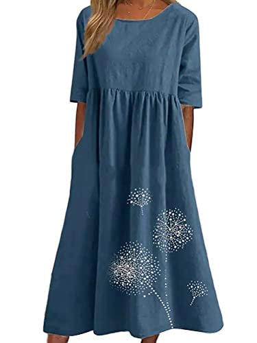 Onsoyours Leinenkleid Damen Rundhalsausschnitt Kurzarm Sommerkleid Damen Midi Leinenkleider Baumwolle Leinen Blusenkleid Casual Freizeitkleid Strandkleider Kleid A-Linie Kleid B Blau S von Onsoyours