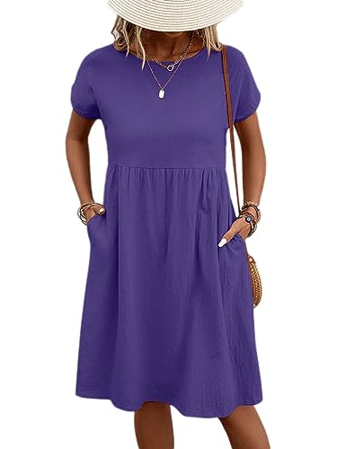 Onsoyours Leinenkleid Damen Sommer Freizeitkleid Knielang Tunika Kleid Sommerkleid Elegant Einfarbig Strandkleid Boho Casual Lose Swing T-Shirt Kleid Partykleid mit Taschen A Violett XL von Onsoyours