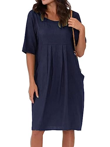 Onsoyours Leinenkleid Damen Sommer Rundhalsausschnitt Kurzarm Sommerkleid Damen Knielang Leinenkleider Baumwolle Leinen Blusenkleid Casual Freizeitkleid Strandkleider Kleid A-LinieKleid E Marine L von Onsoyours