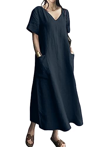 Onsoyours Leinenkleid Damen Sommer Strand Freizeitkleider Leinen Kleid Casual Einfarbige Kurzarm Maxikleid Lang Kleid T Shirt Kleid Sommerkleid A Marine L von Onsoyours