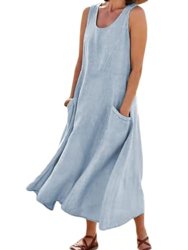 Onsoyours Leinenkleid Damen ärmellos Sommerkleid Rundhalsausschnitt Freizeitkleid Strandkleider Einfarbig Boho Tank Kleider Mit Button Und Taschen X Blau 44 von Onsoyours