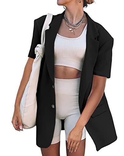 Onsoyours Long Blazer Damen Langarm/Kurzarm/ärmellos Blazer Elegant Frühlings Anzüge Jacke Mode Blazer Parka Damenjacke Streetwear Damenblazer für Arbeit Büro Sakko B Schwarz S von Onsoyours