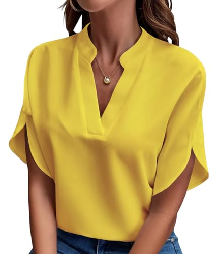Onsoyours Lusen Tuniken Damen Sommer Chiffon Tops 3/4-Arm V-Ausschnitt Shirt Streetwear Bluseshirt Oberteile A Gelb XL von Onsoyours