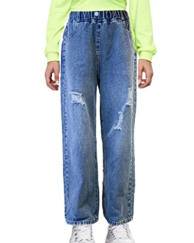 Onsoyours Mädchen Jean Hosen Loch Denim Blau Jeans High Waist Lange Schlaghose Denim Hose Vintage Hose mit weitem Bein für Kinder Fit Hellblau 10-11 Jahre von Onsoyours