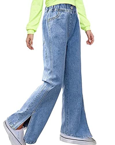 Onsoyours Mädchen Jean Hosen Loch Denim Blau Jeans High Waist Lange Schlaghose Denim Hose Vintage Hose mit weitem Bein für Kinder Fit Hellblau#2 10-11 Jahre von Onsoyours