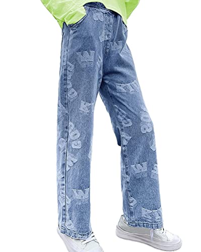 Onsoyours Mädchen Jean Hosen Loch Denim Blau Jeans High Waist Lange Schlaghose Denim Hose Vintage Hose mit weitem Bein für Kinder Fit Hellblau#3 11-12 Jahre von Onsoyours