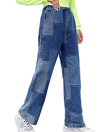 Onsoyours Mädchen Jean Hosen Loch Denim Blau Jeans High Waist Lange Schlaghose Denim Hose Vintage Hose mit weitem Bein für Kinder Fit Mittelblau 8-9 Jahre von Onsoyours