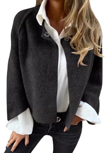 Onsoyours Mantel Damen Elegant Chic Jacken Warme Übergangsmantel Casual Langarm Cardigan Kurzer Trenchcoat Knöpf Wollmantel Frauen Croppedjacke Outwear Herbst Winter A Schwarz XL von Onsoyours