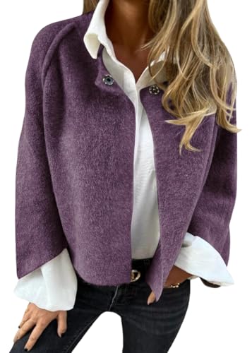 Onsoyours Mantel Damen Elegant Chic Jacken Warme Übergangsmantel Casual Langarm Cardigan Kurzer Trenchcoat Knöpf Wollmantel Frauen Croppedjacke Outwear Herbst Winter A Violett M von Onsoyours