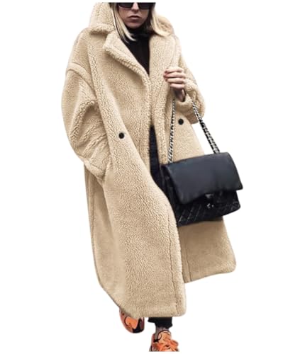 Onsoyours Mantel Damen Lang Plüschjacke Revers Faux Wolle Lose Langarm Jacke Outwear Cardigan Winterjacke Frauen Teddy-Fleece Wintermantel Parka Trenchcoat 01 Aprikose M von Onsoyours