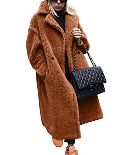 Onsoyours Mantel Damen Lang Plüschjacke Revers Faux Wolle Lose Langarm Jacke Outwear Cardigan Winterjacke Frauen Teddy-Fleece Wintermantel Parka Trenchcoat 01 Dunkelbraun M von Onsoyours