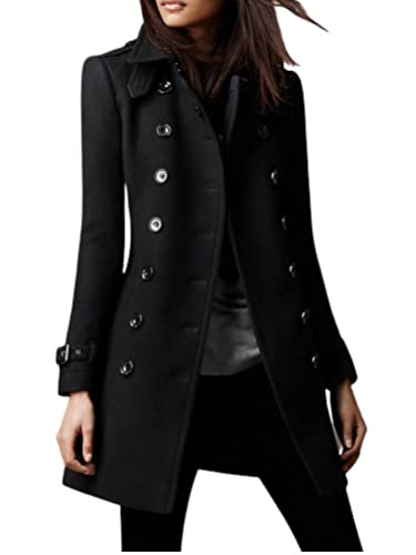 Onsoyours Mantel Damen Trenchcoat Langer Herbst Winter Revers Wollmantel Jacke Lange Warm Parka Overcoat Elegant Oberbekleidung Mode Einfarbig Cardigan Slim Fit Wollmantel Outwear A Schwarz 3XL von Onsoyours