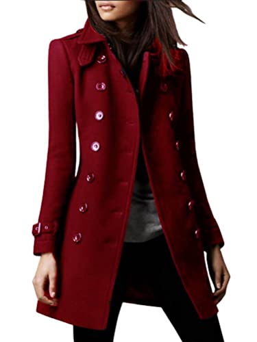 Onsoyours Mantel Damen Trenchcoat Langer Herbst Winter Revers Wollmantel Jacke Lange Warm Parka Overcoat Elegant Oberbekleidung Mode Einfarbig Cardigan Slim Fit Wollmantel Outwear A Weinrot XL von Onsoyours