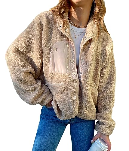 Onsoyours Mantel Damen Winter Faux Fur Coat Stehkragen Winterjacke Warme Outwear Kurz Casual Lose Jacke Button-down Langarm Sweatshirt Fleece Jacke A Khaki XS von Onsoyours