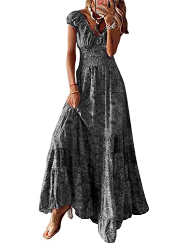 Onsoyours Maxikleid Damen Blumen Lang Kleider Kurzarm V-Ausschnitt Wickelkleid Rüschen Sommerkleider mit Gürtel F Grau XL von Onsoyours