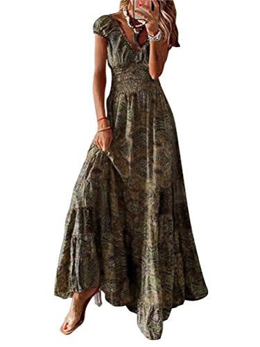 Onsoyours Maxikleid Damen Blumen Lang Kleider Kurzarm V-Ausschnitt Wickelkleid Rüschen Sommerkleider mit Gürtel F Kaffee XL von Onsoyours