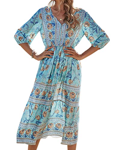 Onsoyours Maxikleider Damen Blumen Kleider Boho Sommerkleid Lang Sommerrock Strandkleid V-Ausschnitt Kleid H Blau L von Onsoyours