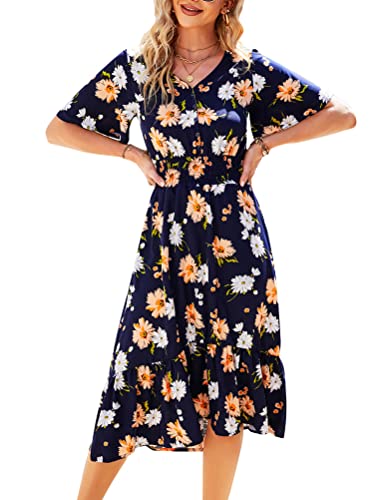 Onsoyours Maxikleider Damen Blumen Kleider Boho Sommerkleid Lang Sommerrock Strandkleid V-Ausschnitt Kleid I Marine M von Onsoyours