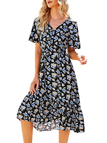 Onsoyours Maxikleider Damen Blumen Kleider Boho Sommerkleid Lang Sommerrock Strandkleid V-Ausschnitt Kleid I Schwarz L von Onsoyours